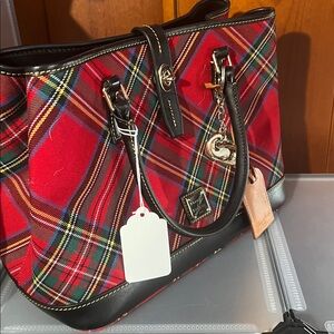 Dooney & Bourke Red Tartan Plaid Tote with Black Trim